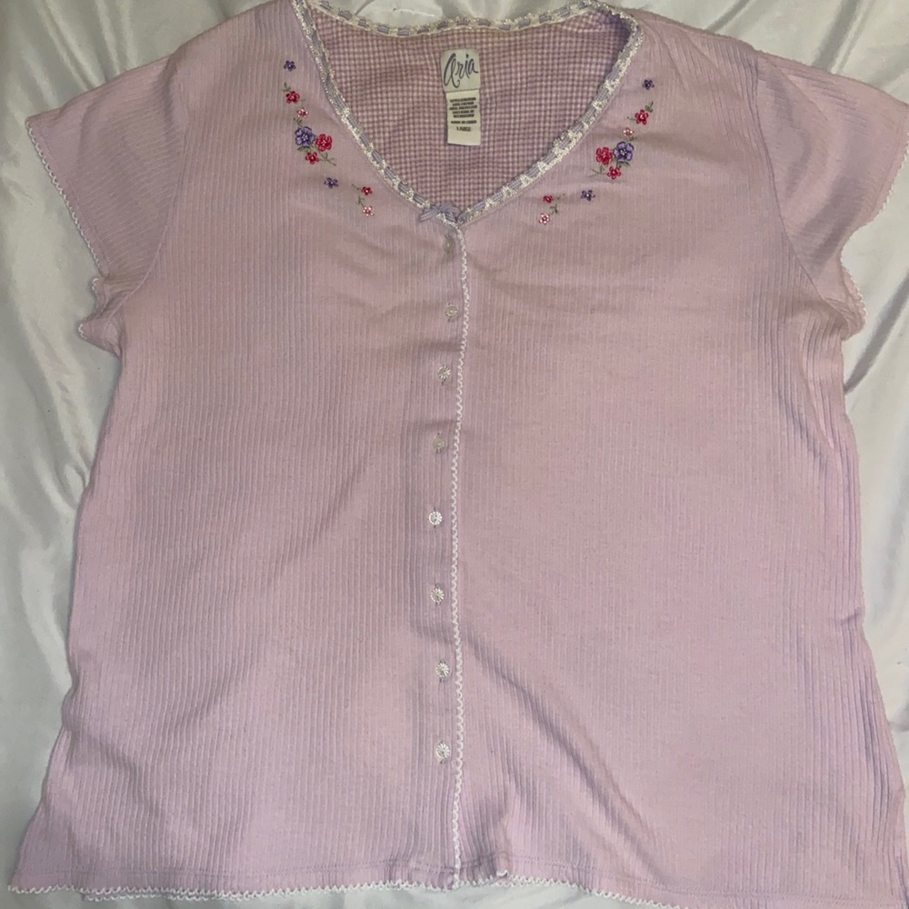 Vintage Aria Pajama Shirt Women's Size Large Pink Embroidery Cottagecore Cozy